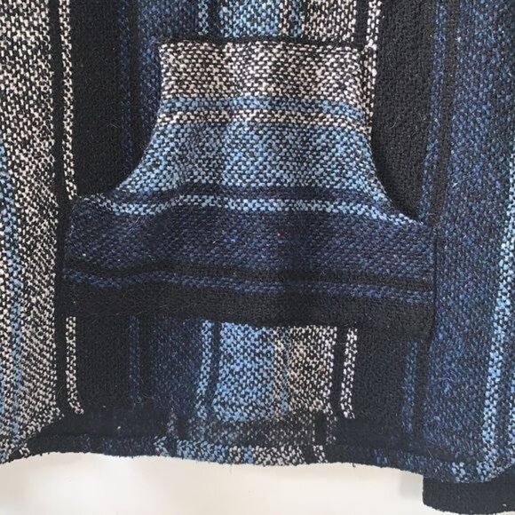 Baja Hippie Hoodie Pullover Poncho Sweater Striped Black & Blue - Picture 3 of 7